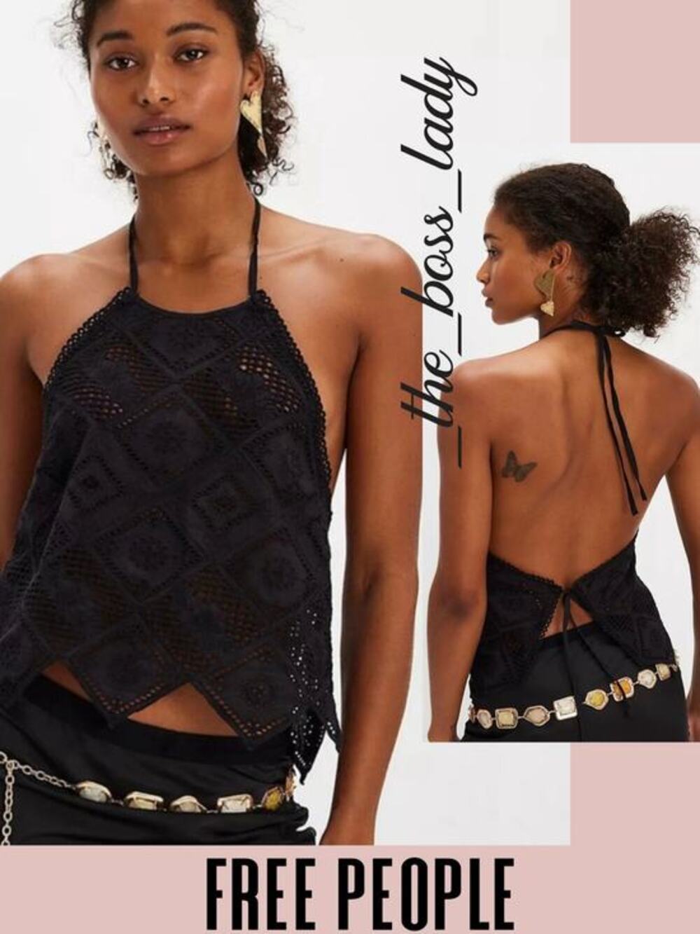 Free People top floral eyelets lace embroidery halter crochet boho XL summer